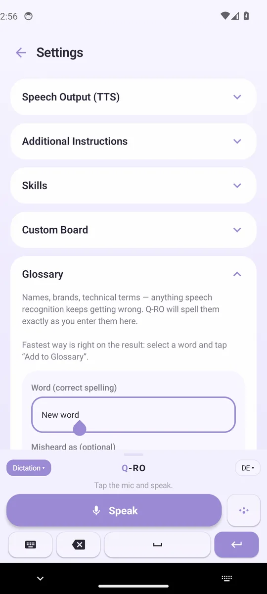 The Q-RO voice keyboard above a text field
