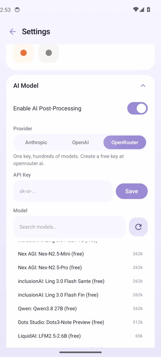 AI model settings with provider selection